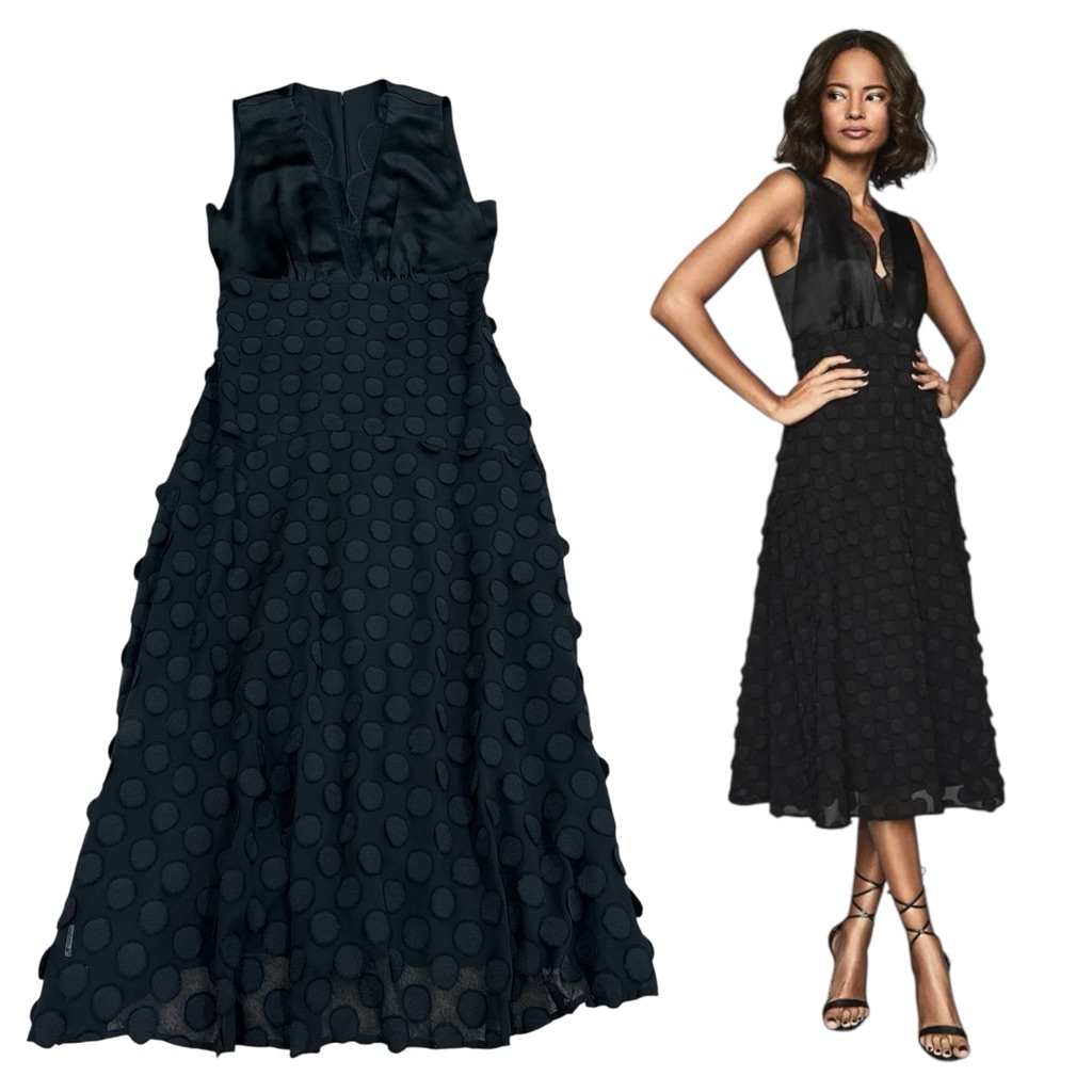 Reiss Leni Jacquard Black Plunge Lace 3d Polka Dot Midi Dress *See Description 6